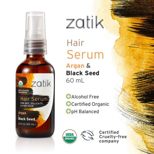 Zatik Hair Serum ingredients close-up highlighting nourishing oils for healthy-looking hair
