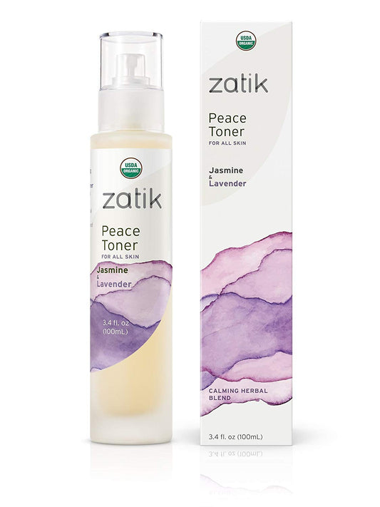 Zatik Peace Toner bottle with rose and lavender for soothing facial refresh