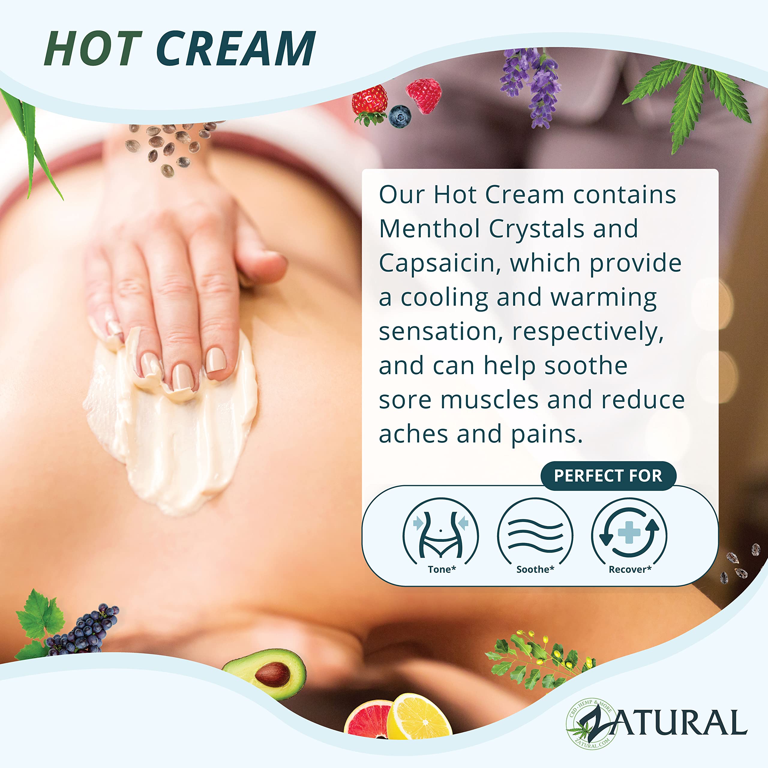 Zatural Hot Cream next to body wrap setup suggesting care use.