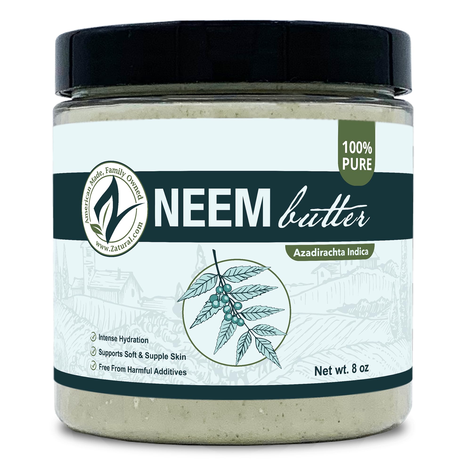 Zatural Neem Butter coconut oil and neem leaf close-up, nourishes dry skin.