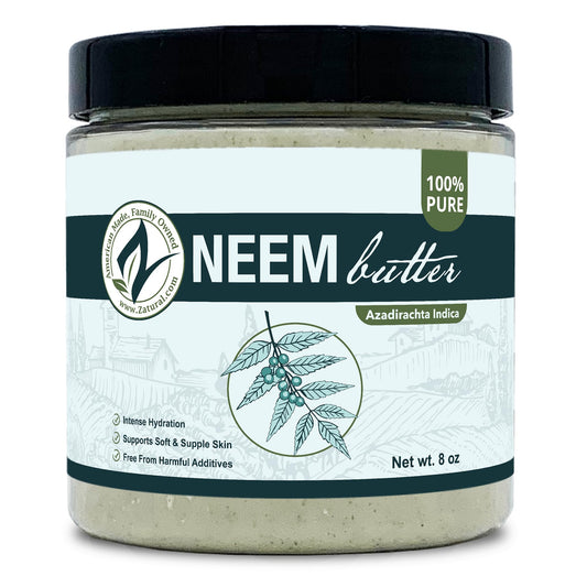 Zatural Neem Butter coconut oil and neem leaf close-up, nourishes dry skin.