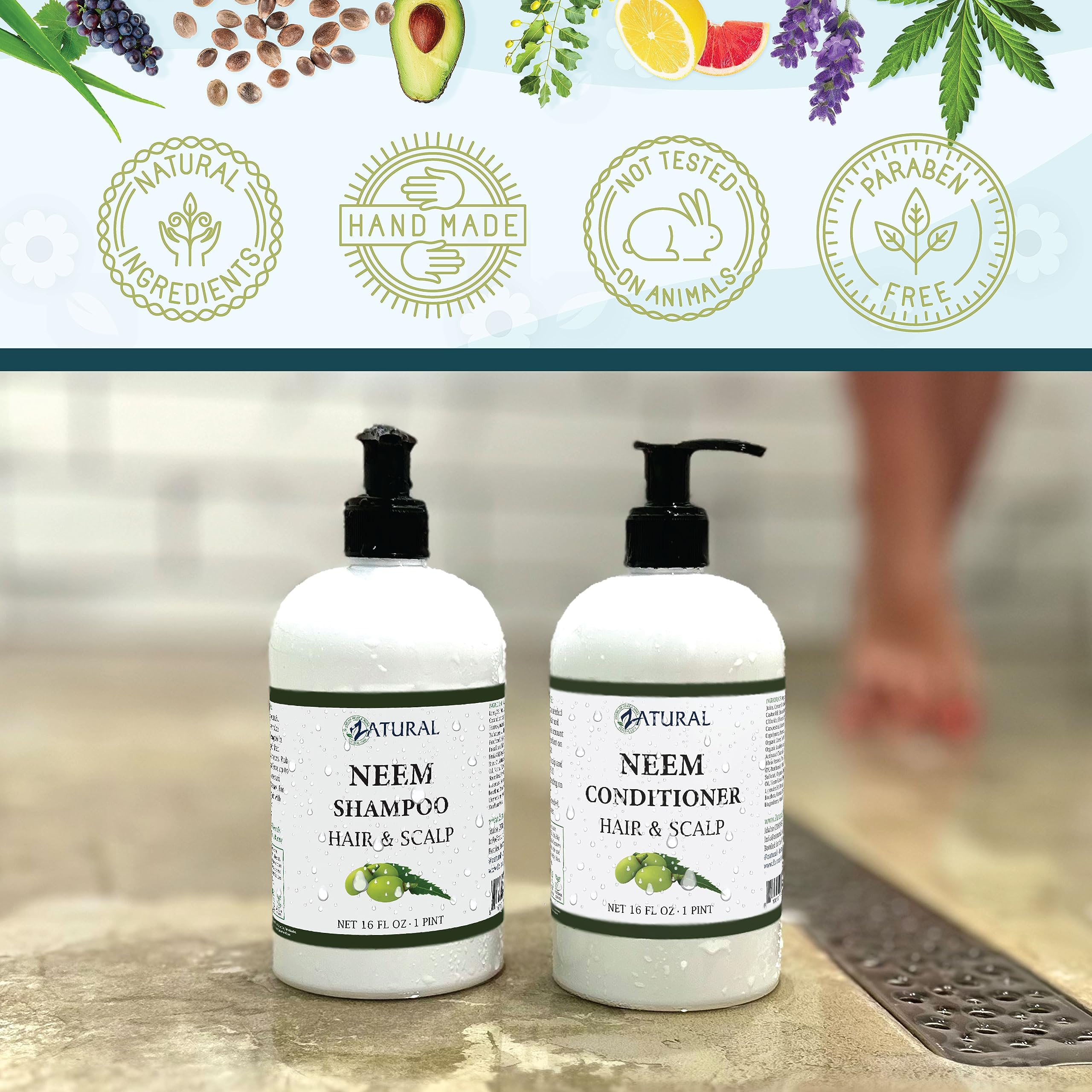 Zatural Neem shampoo cap demonstrates easy dispensing for daily cleansing