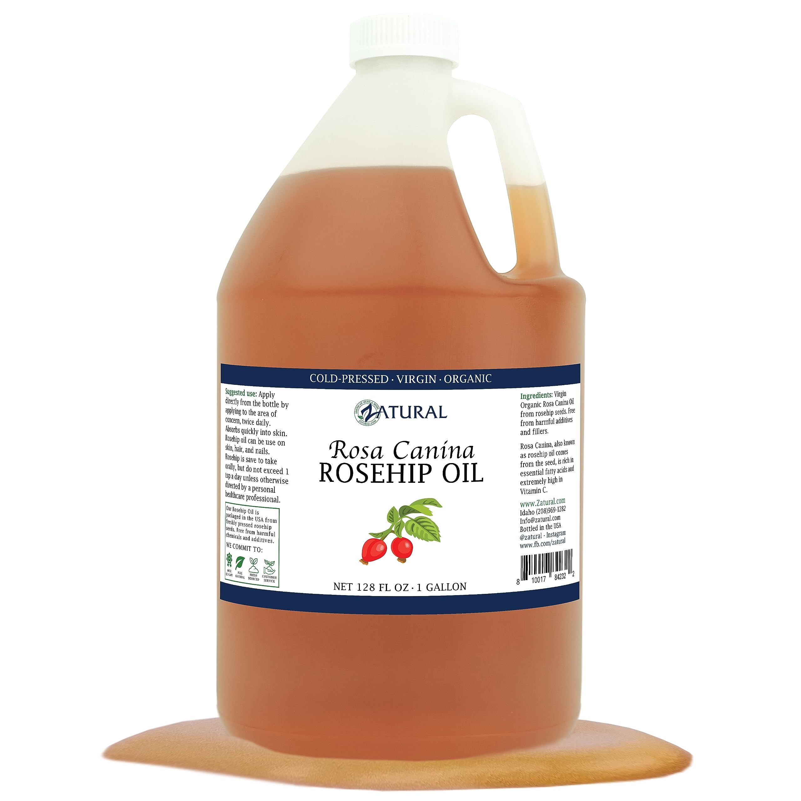 Zatural rosehip oil bottle pour shows versatile skin and hair care use.