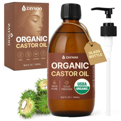 Zaynoo organic castor oil in amber bottle with pump for easy application.