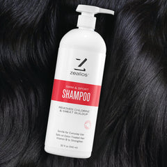 Zealios Swim and Sport clarifying shampoo being applied to wet hair after swimming.