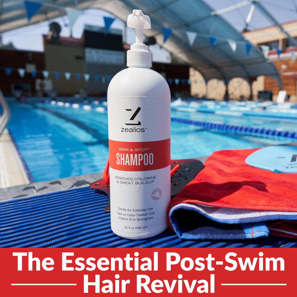 Zealios Swim and Sport clarifying shampoo color-safe icon signals safe color retention.