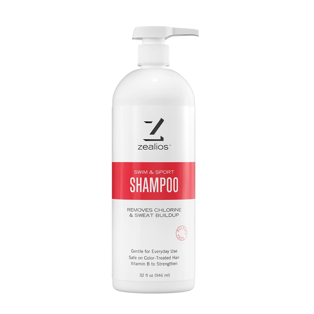 Zealios Swim and Sport clarifying shampoo pump bottle ideal for pool hair cleansing.
