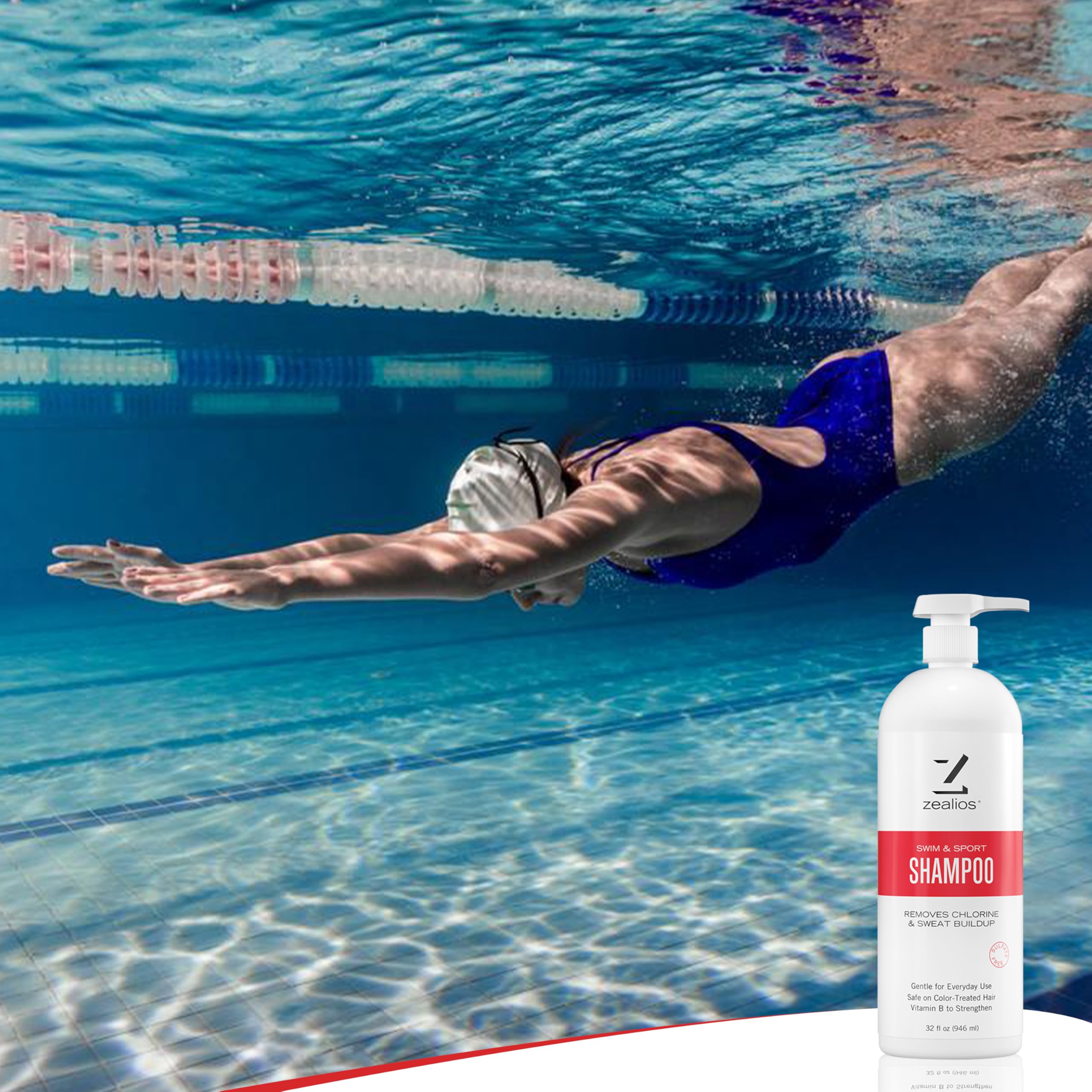 Zealios Swim and Sport clarifying shampoo splash communicates fresh citrus scent.