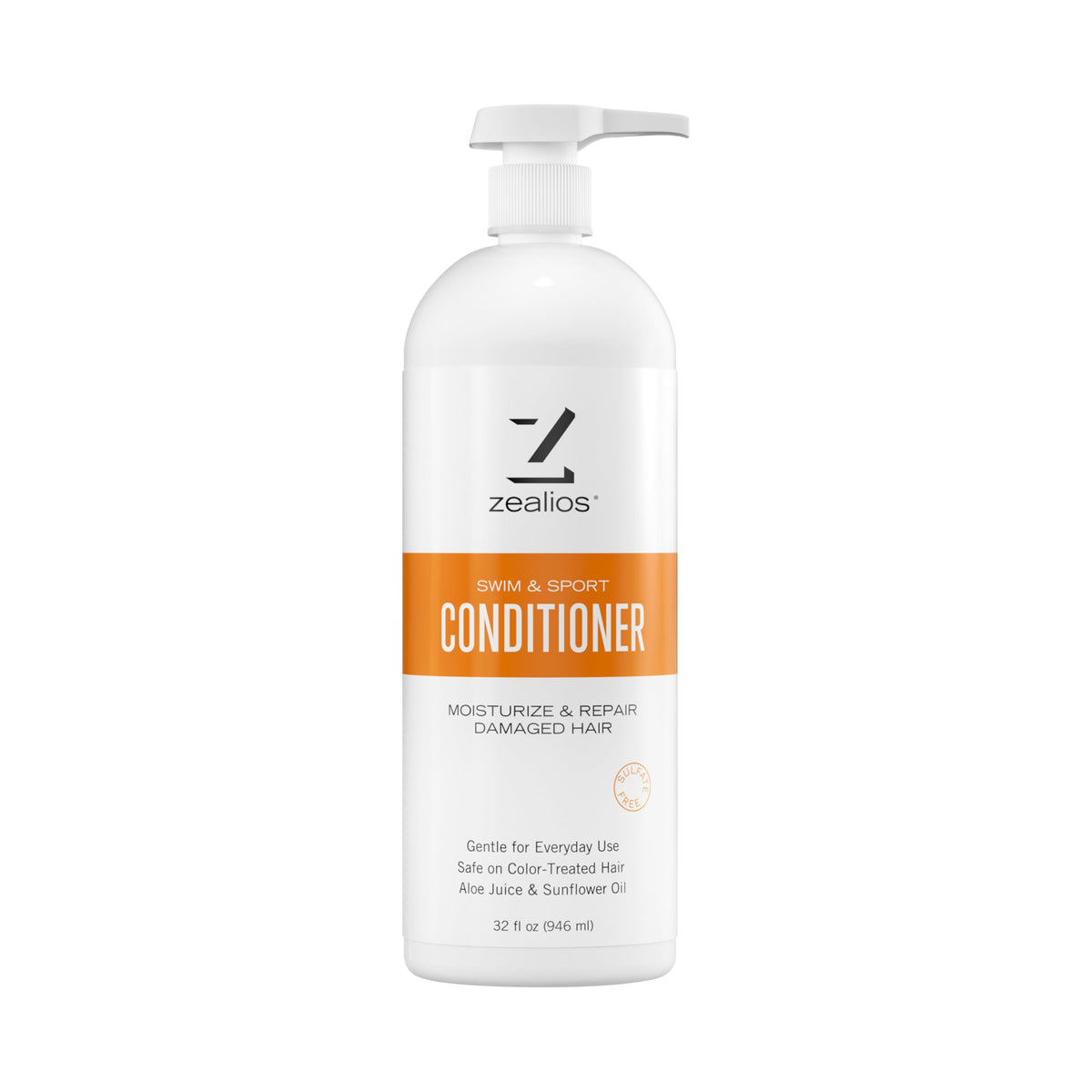 Zealios Swim & Sport Conditioner 32oz pump bottle for easy post-swim moisture.