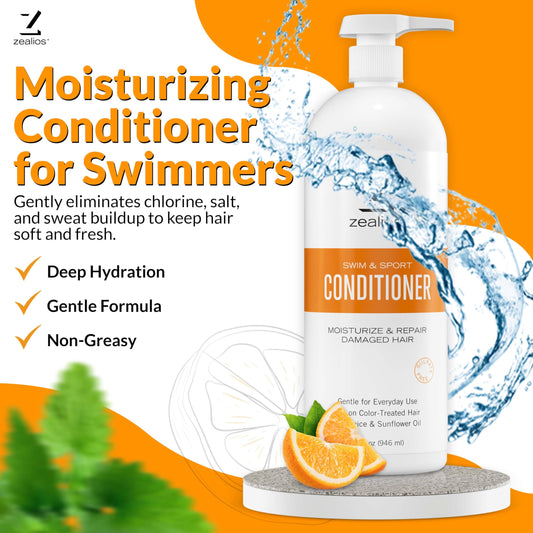 Zealios Swim & Sport Conditioner hydrates hair after a swim, aiding detangling when hair is wet.
