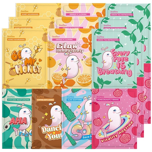 ZealSea 21-pack face masks collection showing varied ingredients for nourished skin.
