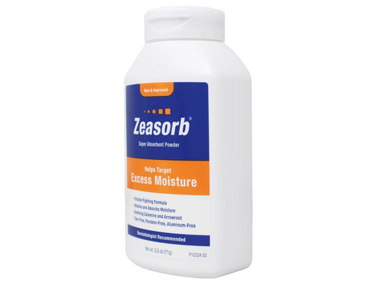 Zeasorb Excess Moisture powder dispense bottle showing easy application and reduced friction