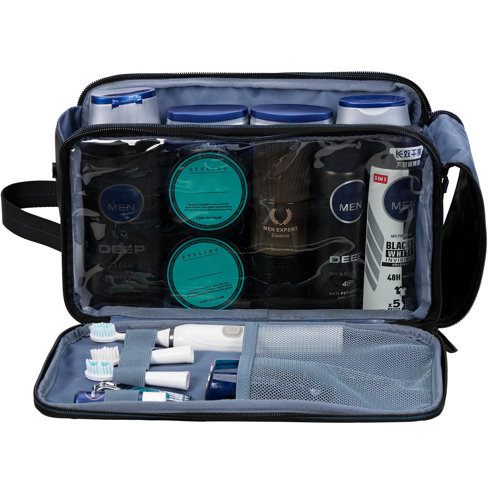 ZEEMO travel toiletry bag double-side open showing easy access