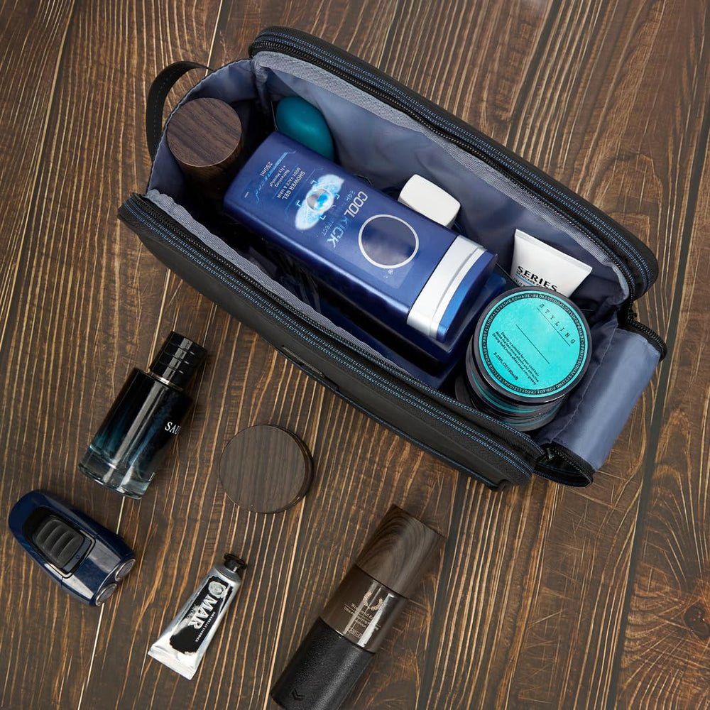 ZEEMO travel toiletry bag in use on bathroom counter demonstrates organization