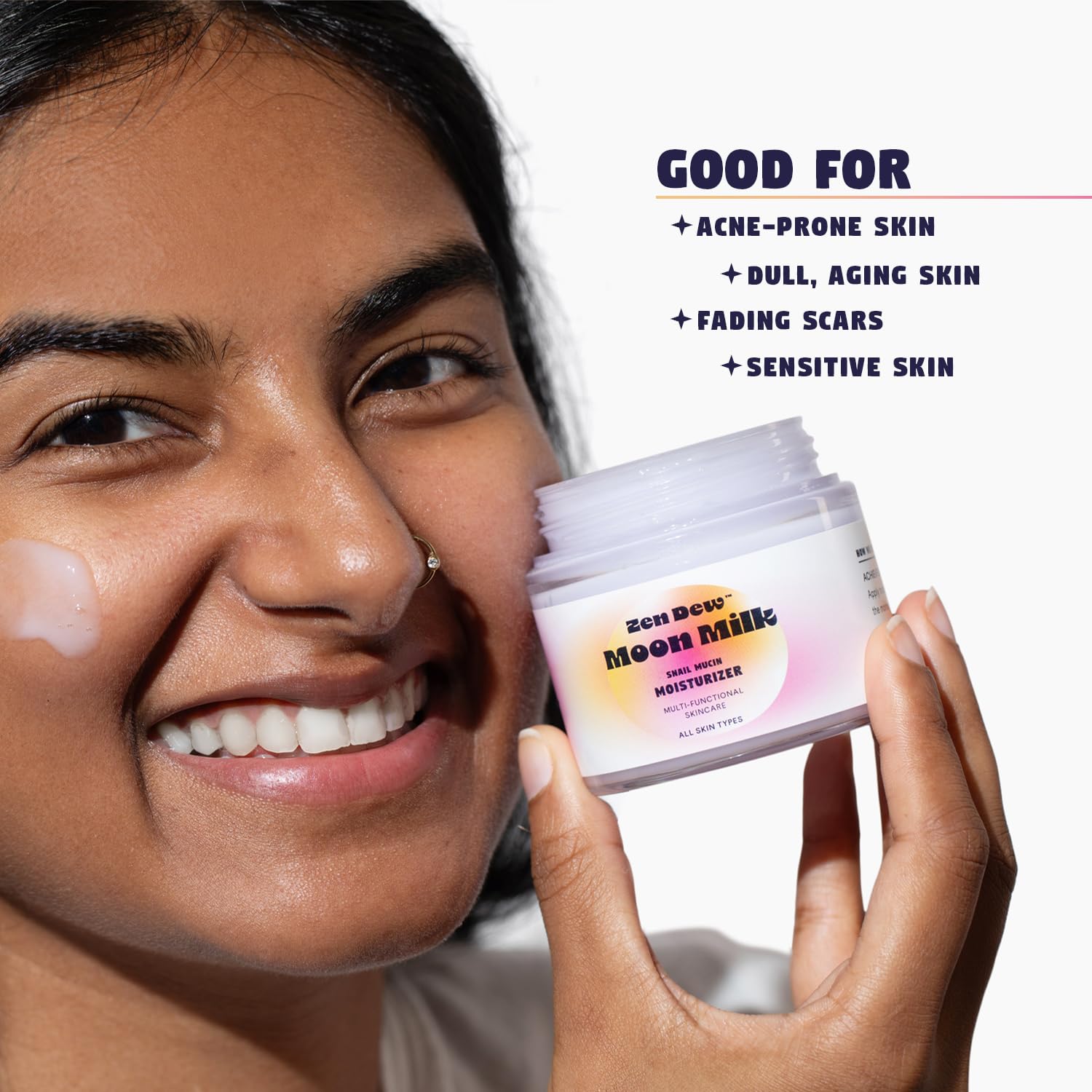Zen Dew Moon Milk texture swirl illustrating lightweight hydration and quick absorption.