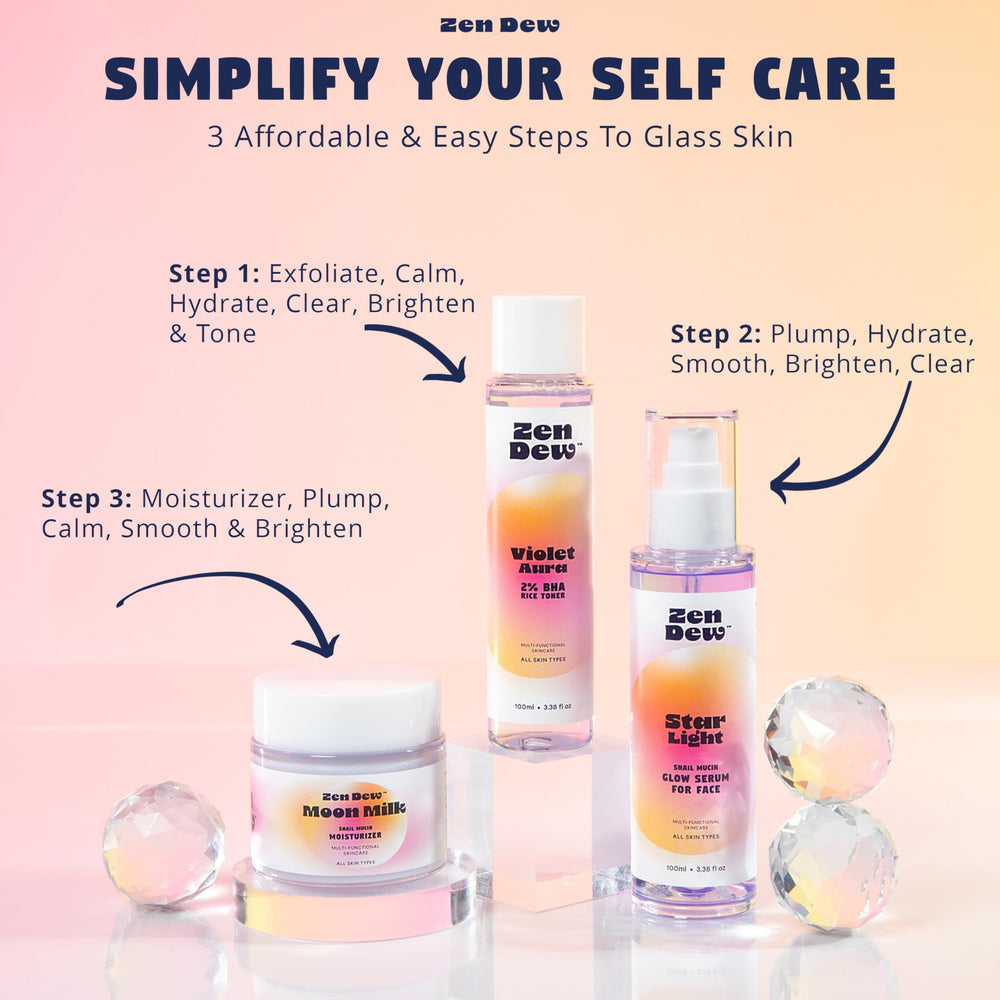 Zen Dew Violet Aura on vanity with skincare lineup