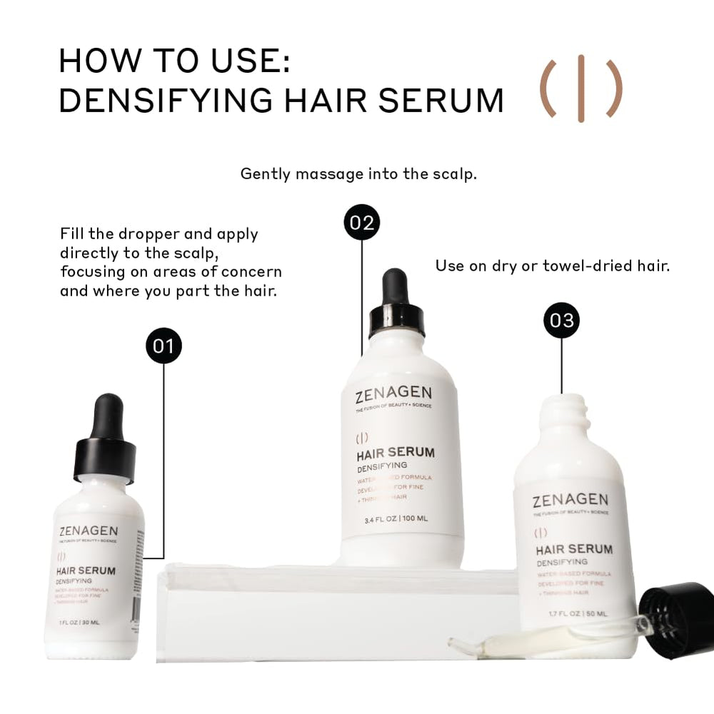 Zenagen Densifying Hair Serum application scene on scalp, demonstrating gentle nourishment