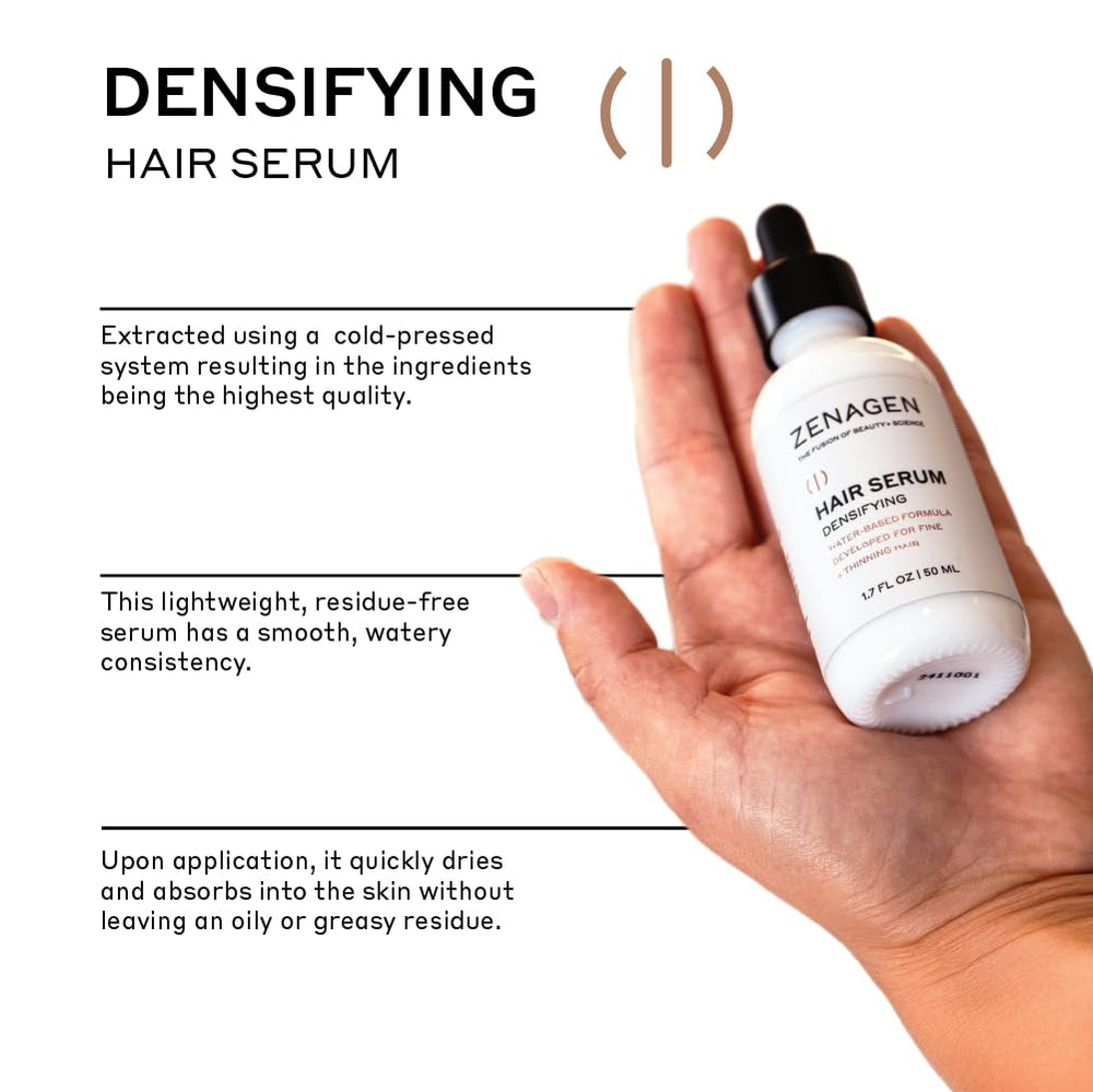 Zenagen Densifying Serum texture close-up displaying a smooth, non-greasy liquid suitable for all hair types.