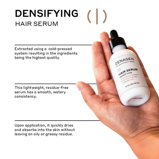 Zenagen Densifying Serum texture close-up displaying a smooth, non-greasy liquid suitable for all hair types.