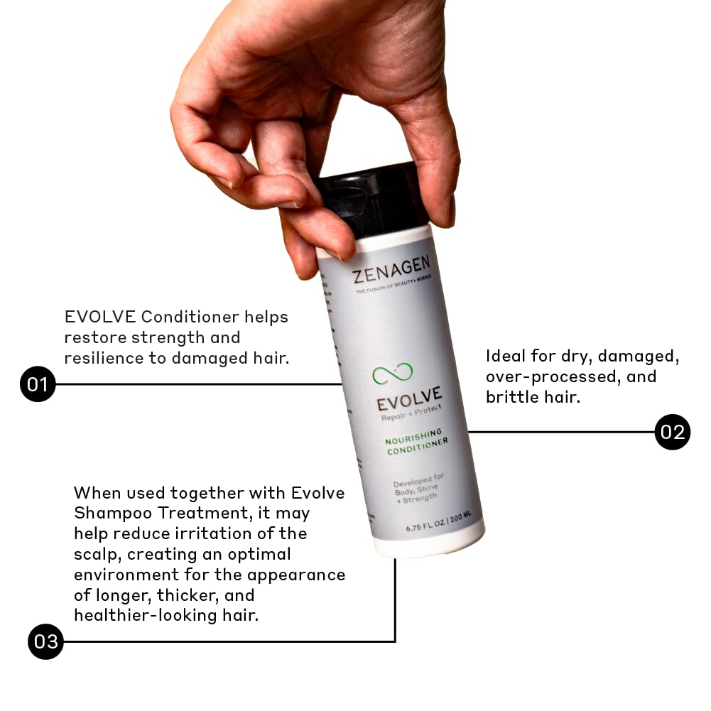Zenagen Evolve conditioner application on hair strand illustrates detangling potential