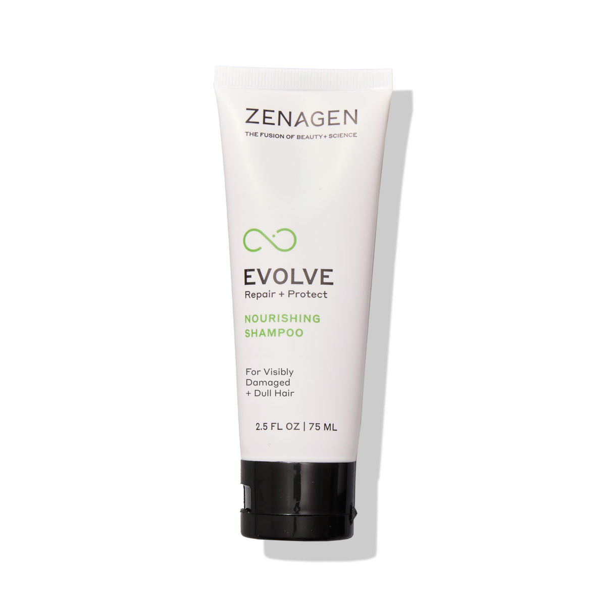 Zenagen Evolve Repair + Protect bottle close-up highlighting vegan formula for all hair types.