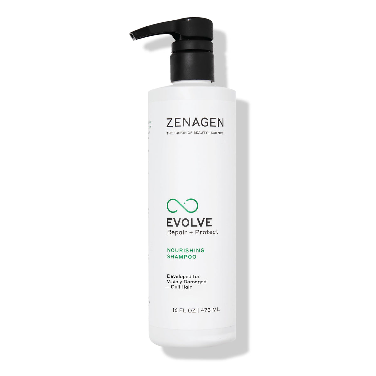 Zenagen Evolve Repair + Protect shampoo bottle on shelf showing nourishing formula for stronger hair