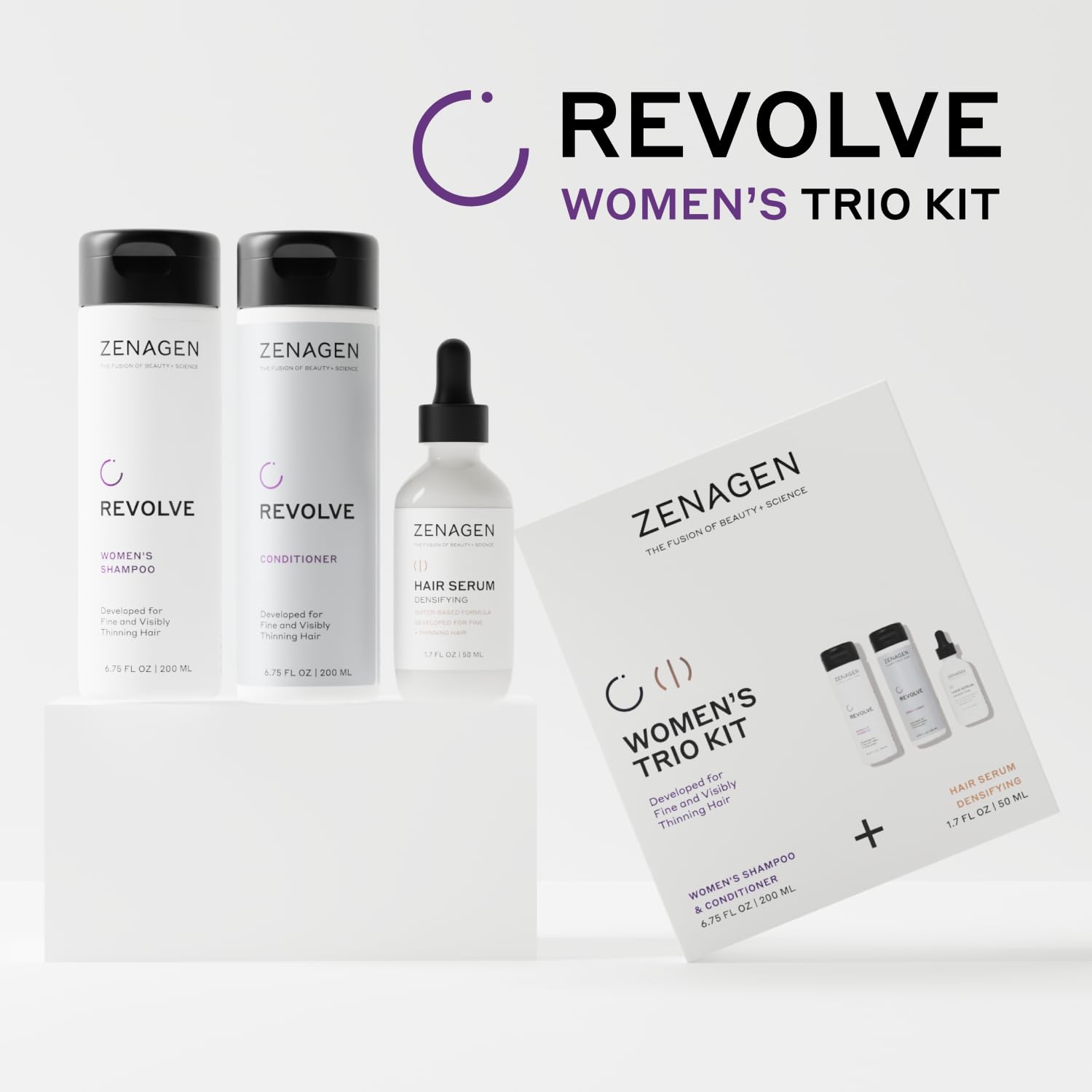Zenagen Revolve densifying serum bottle may boost fullness with regular use.