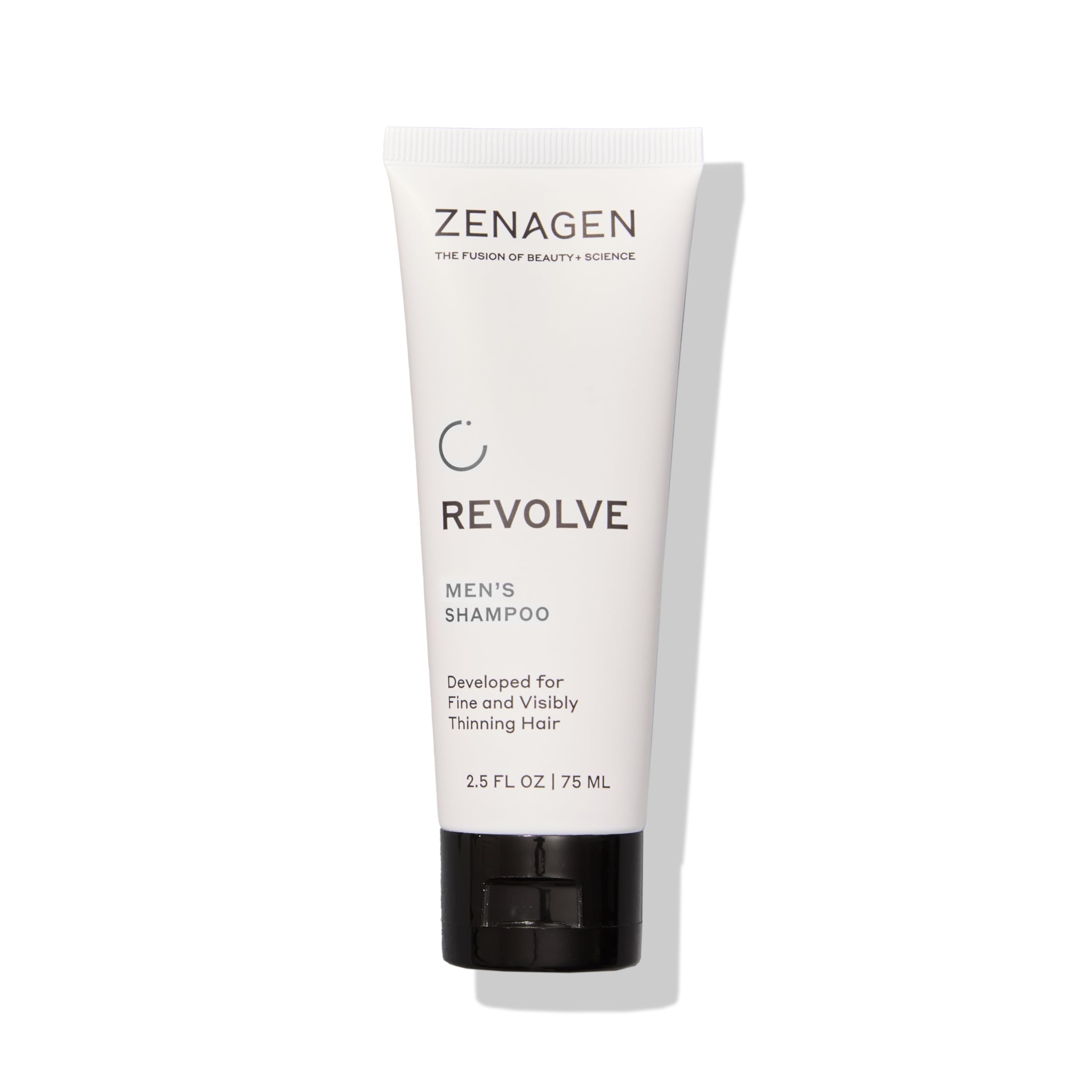 Zenagen Revolve men and thickening shampoo bottle showing plant-based formula for fuller-looking hair