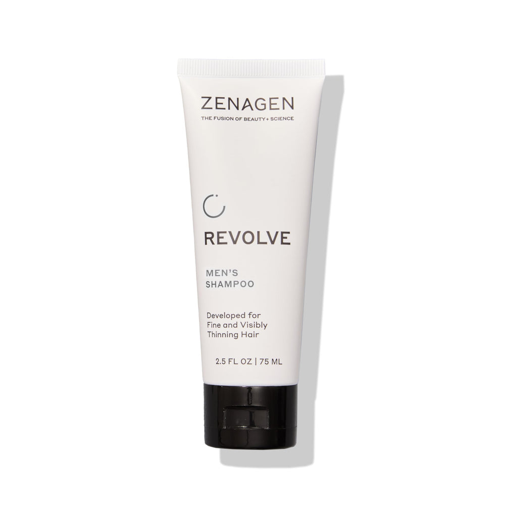 Zenagen Revolve men and thickening shampoo bottle showing plant-based formula for fuller-looking hair