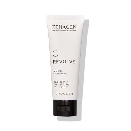 Zenagen Revolve men and thickening shampoo bottle showing plant-based formula for fuller-looking hair