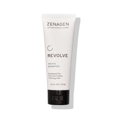 Zenagen Revolve men and thickening shampoo bottle showing plant-based formula for fuller-looking hair