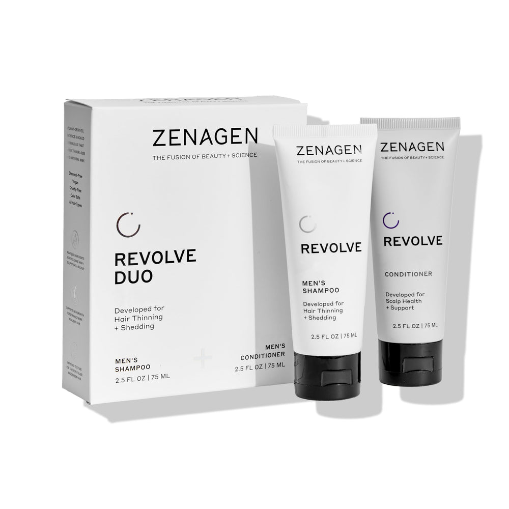 Zenagen Revolve travel kit shampoo bottle pour promotes fuller-looking hair on the go.