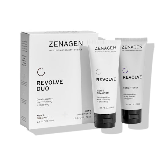 Zenagen Revolve travel kit shampoo bottle pour promotes fuller-looking hair on the go.