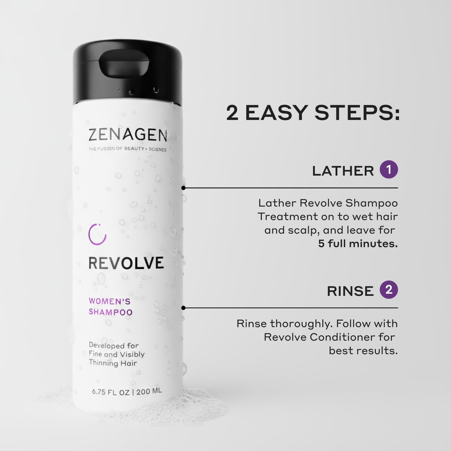 Zenagen Revolve shampoo lather close-up highlights a light, rinse-friendly cleanse for fine hair.
