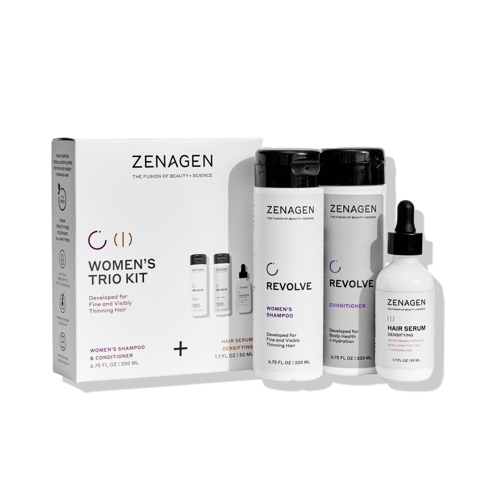 Zenagen Revolve women's shampoo bottle supports cleansing for fine hair.