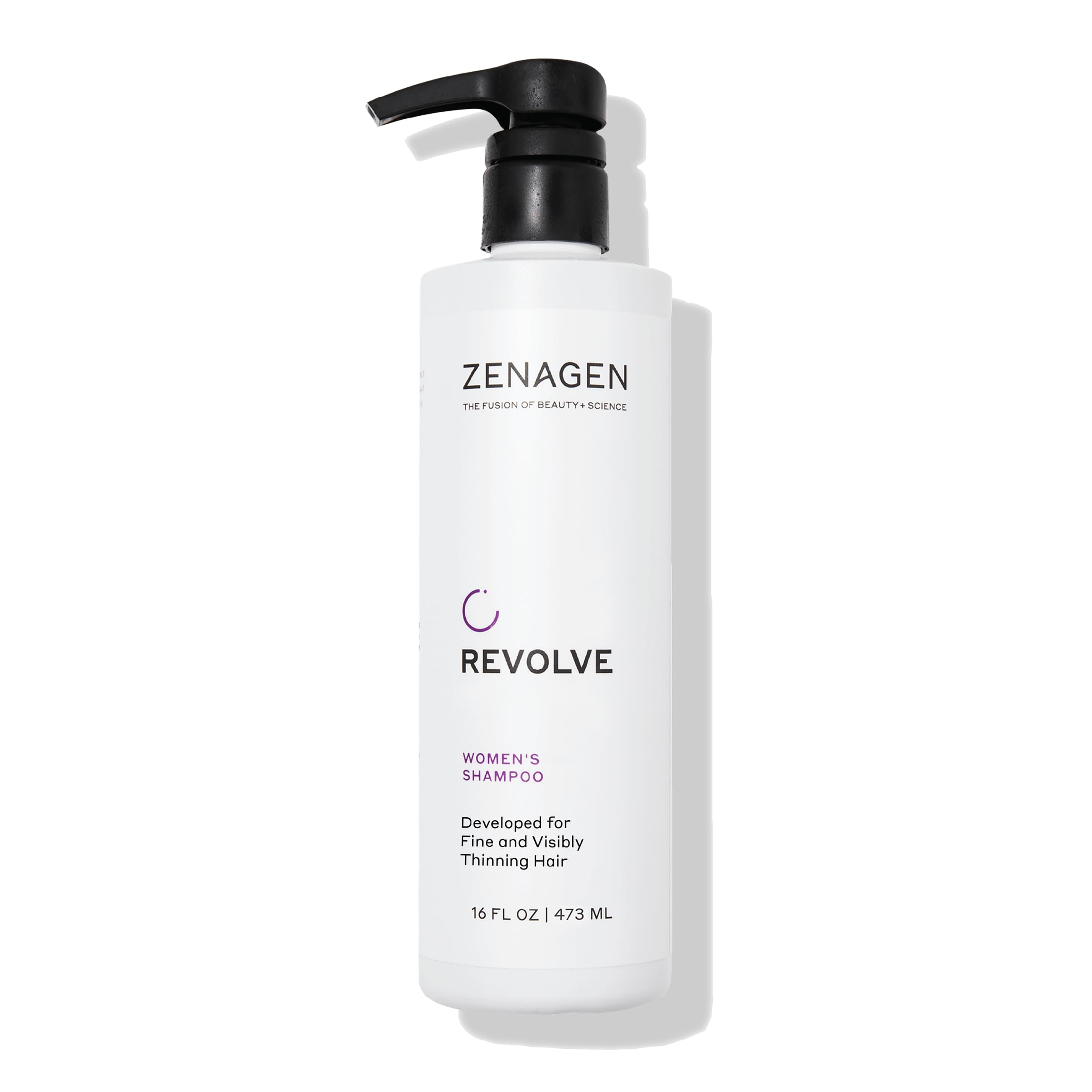 Zenagen Revolve shampoo bottle promotes fuller-looking hair.