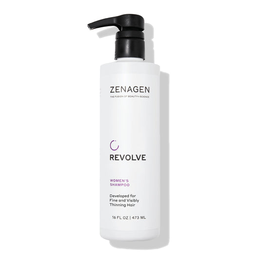 Zenagen Revolve shampoo bottle promotes fuller-looking hair.