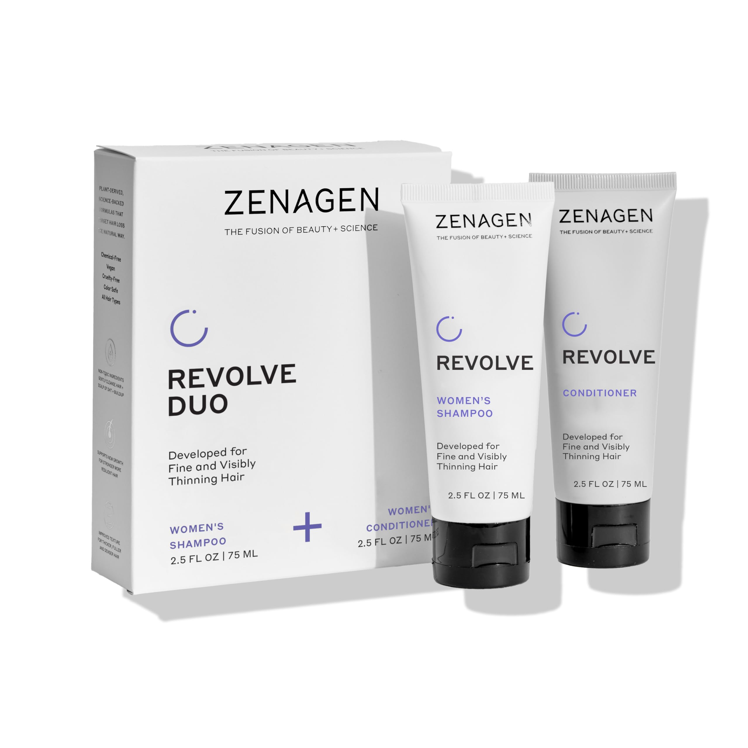Zenagen Revolve shampoo travel bottle for color-safe cleansing on the go.