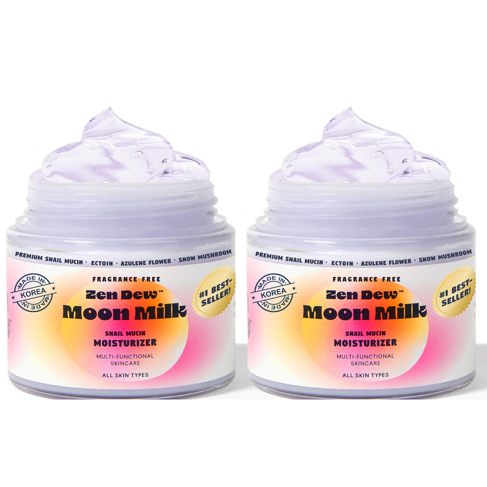 Zen Dew Moon Milk snail mucin moisturizer jar close-up shows silky texture and hydrating glow.