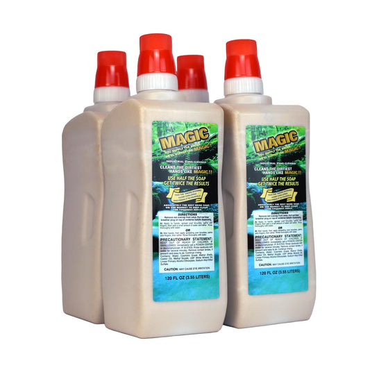 Zenex Magic Hand Soap bottle demonstrating grease removal in a workshop