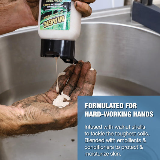 Zenex Magic Hand Soap closeup shows walnut scrubbers for stubborn grime removal.