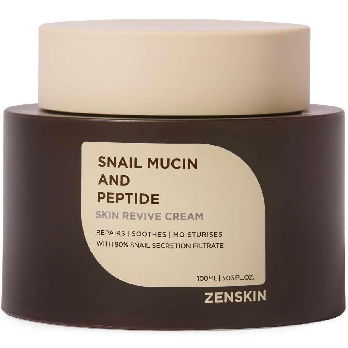 Zenskin Snail Mucin Cream bottle showcases premium packaging for deep hydration.