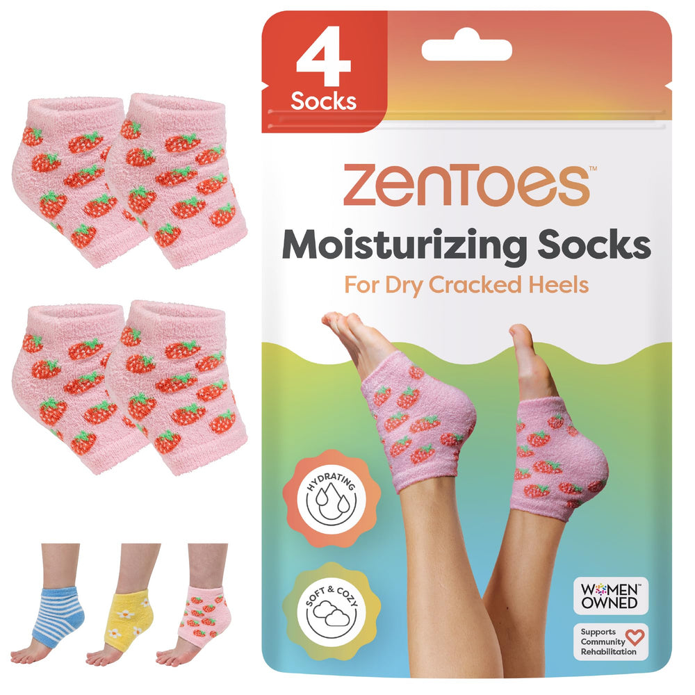 ZenToes moisturizing socks pink strawberries pattern for overnight hydration.