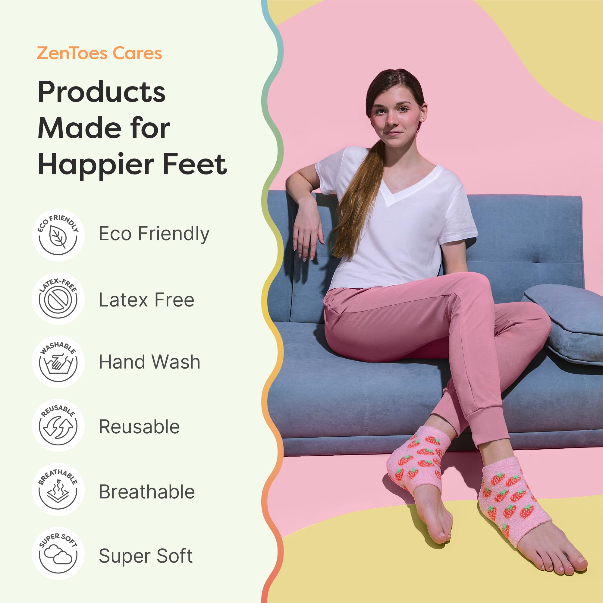ZenToes heel socks pink strawberries print for cozy bedtime pampering.