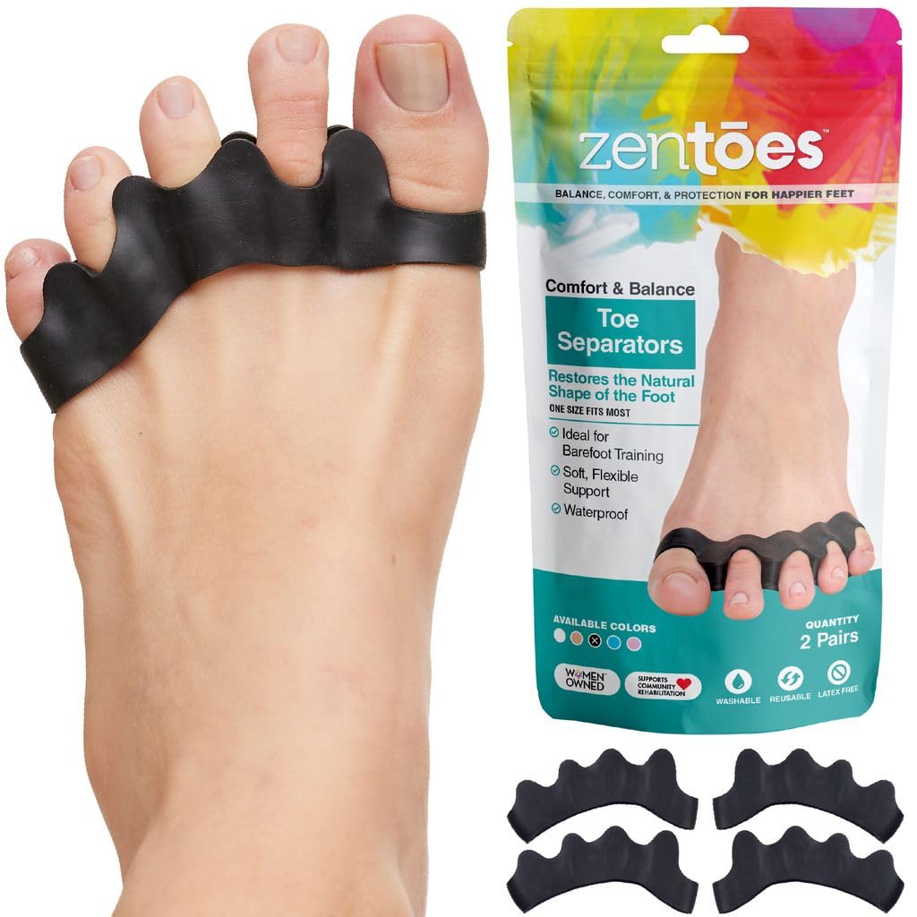 Zentoes silicone toe spacers in black pair support toe alignment during daily activities.