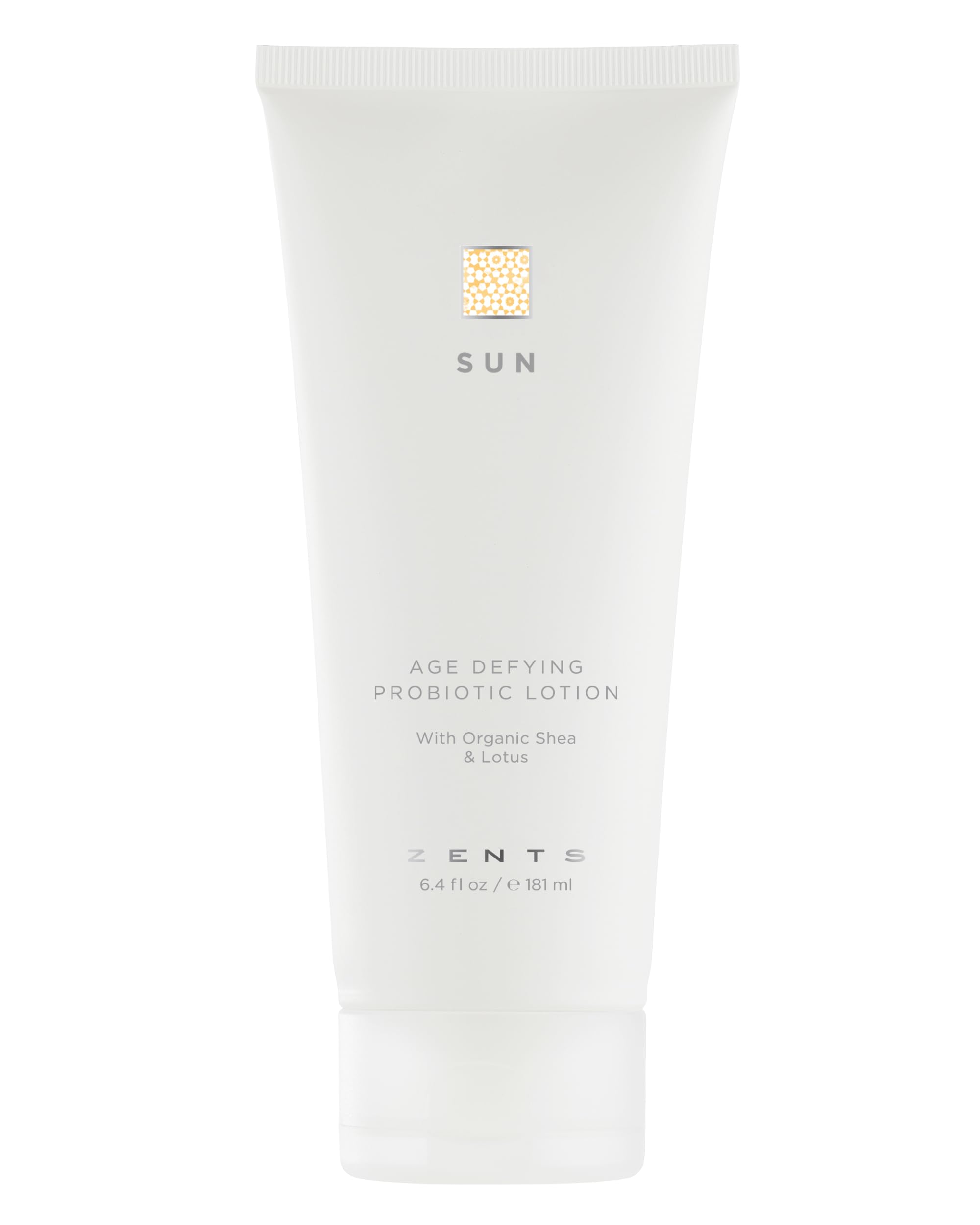 Zents Age-Defying Lotion Sun bottle closeup highlights rich hydration for daily use.
