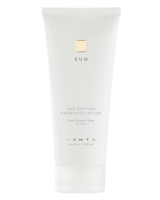 Zents Age-Defying Lotion Sun bottle closeup highlights rich hydration for daily use.