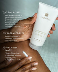 Applying Zents lotion to damp skin after shower for rapid absorption and comfort.