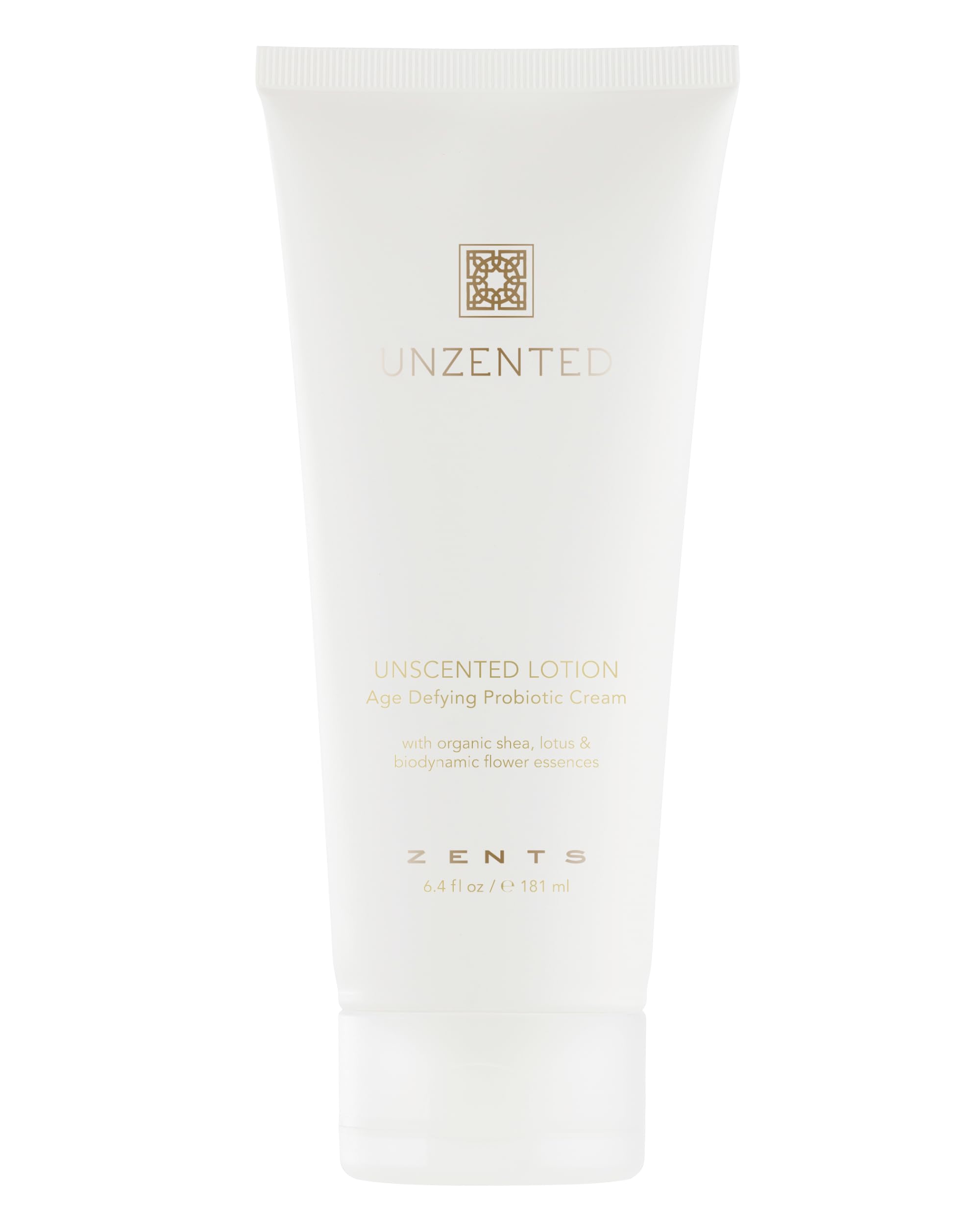 Zents Age-Defying Probiotic Lotion bottle shows fragrance-free hydrating formula for sensitive skin.