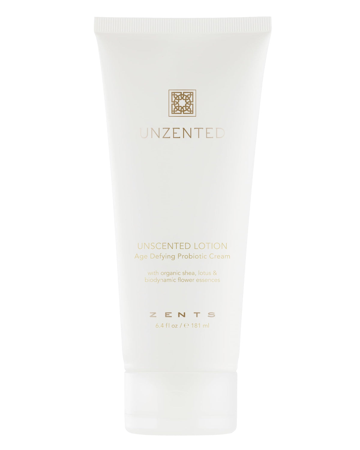 Zents Age-Defying Probiotic Lotion bottle shows fragrance-free hydrating formula for sensitive skin.